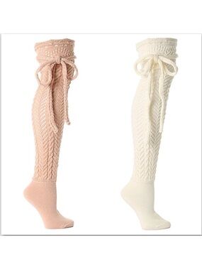 Memoi Knit Thigh-High Bow Tie Socks - Blush & Cream